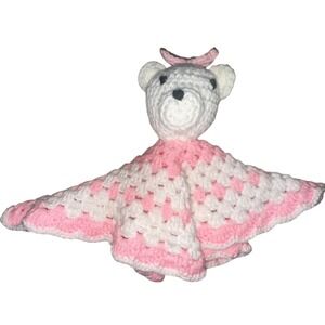 Handmade Crocheted White Teddy Bear Lovey Security Blanket Pink Trim Baby